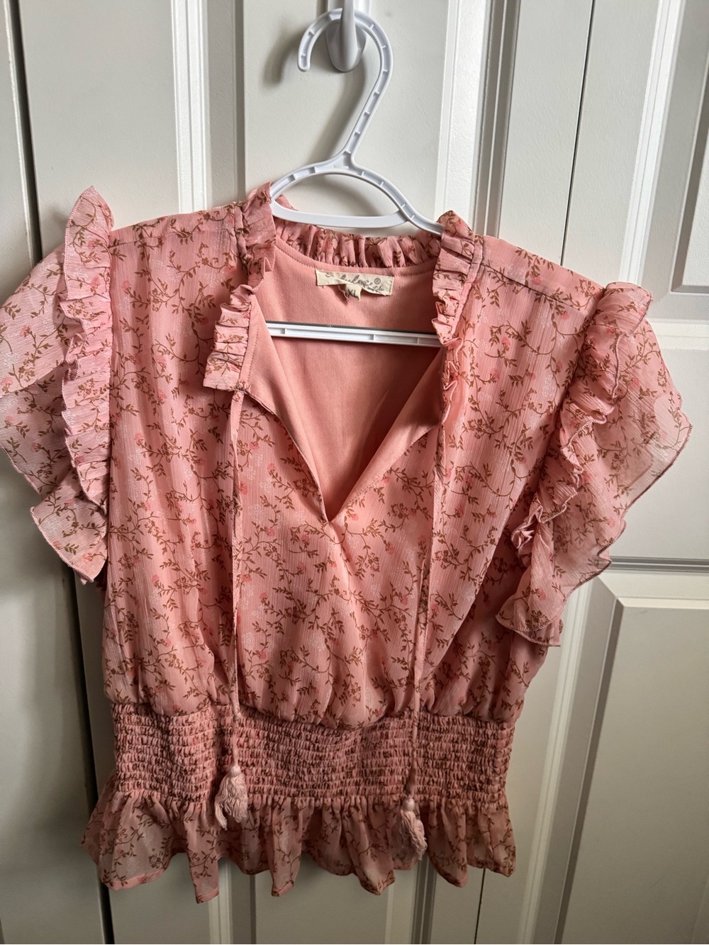 Indulge Pink Floral Ruffle V-Neck Blouse